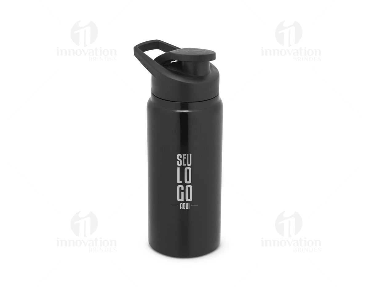 Bottle de alumínio 660ml com tampa flip, utilizado para armazenar líquidos. O objeto é de metal, de cor prata e possui um