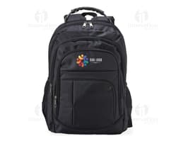 Mochila preta de couro moderna para viagem e lazer. Com zíper, alça ajustável e bolso para maior praticidade. Ideal para