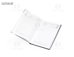 Agenda diária para o ano de 2025, com capa dura preta e detalhes em dourado. Páginas internas com layout organizado por dia e