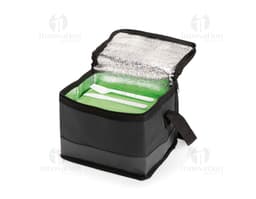 Bolsa térmica preta de 5 litros, feita de couro e equipada com alça, zíper e alça para transporte. Ideal para armazenar