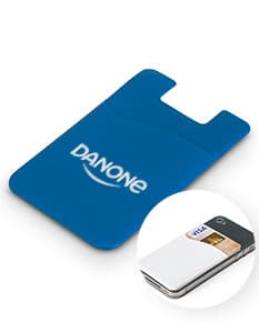 Porta cartões para celular em PVC preto, vazio e aberto, com design eletrônico. O dispositivo 3D possui teclado, ícone de