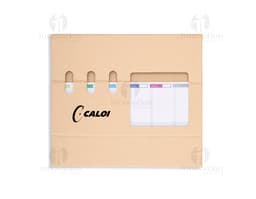 Bloco de anotações com suporte, contendo papel, envelope e cartão dentro de uma caixa de papelão. A imagem mostra um