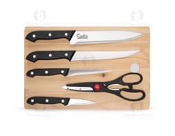 Kit churrasco contendo seis peças, incluindo garfo, faca, colher, espátula, pegador e faca de cortar carne, em aço inoxidável