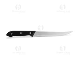 Kit churrasco contendo seis peças, incluindo garfo, faca, colher, espátula, pegador e faca de cortar carne, em aço inoxidável