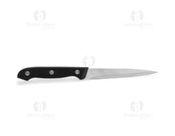 Kit churrasco contendo seis peças, incluindo garfo, faca, colher, espátula, pegador e faca de cortar carne, em aço inoxidável