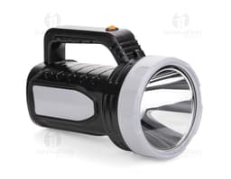 Fotografia de uma lanterna plástica recarregável com design moderno e recortes que remetem a um carro. O produto possui lente
