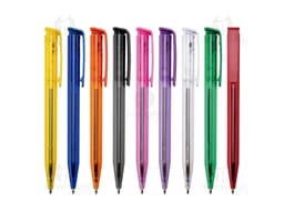 Caneta plástica colorida, ideal para escrita, desenho e assinaturas. Feita de plástico e metal, com ponta afiada. Inclui