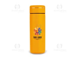 Garrafa térmica de 300ml em plástico amarelo, com tampa transparente e design clean. Ideal para manter bebidas quentes ou
