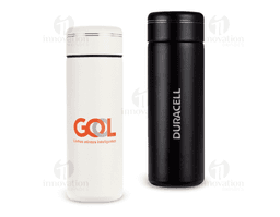 Garrafa térmica de 300ml em plástico amarelo, com tampa transparente e design clean. Ideal para manter bebidas quentes ou