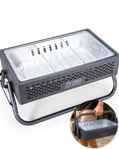 Churrasqueira portátil com design moderno e compacto, ideal para uso em ambientes externos. Feita de metal e plástico, possui