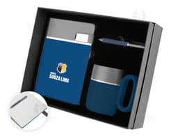 Uma imagem representando um kit de escritório moderno e tecnológico, incluindo um videodisk, notebook, computador, ícone