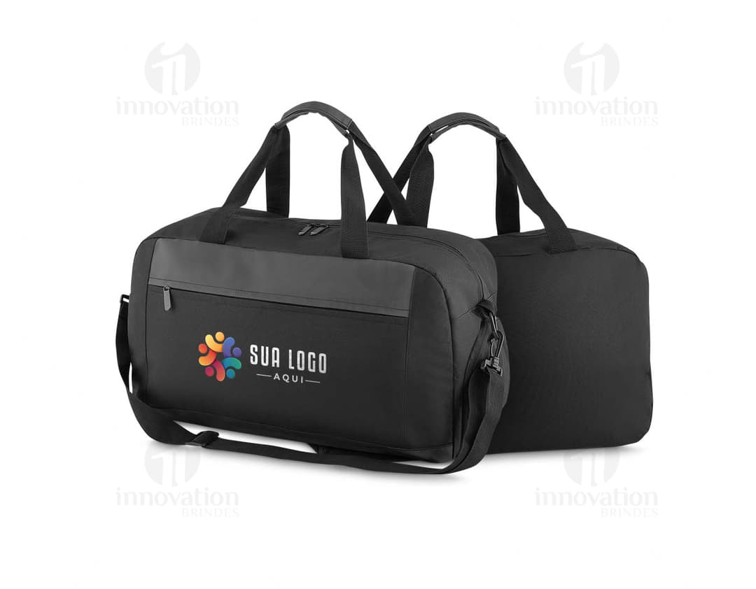 Mala esportiva preta moderna com alça de couro, compartimento molhado, fecho de zíper, ideal para viagens e atividades