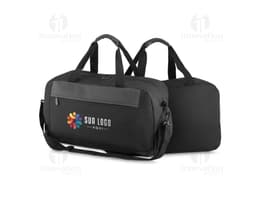 Mala esportiva preta moderna com alça de couro, compartimento molhado, fecho de zíper, ideal para viagens e atividades