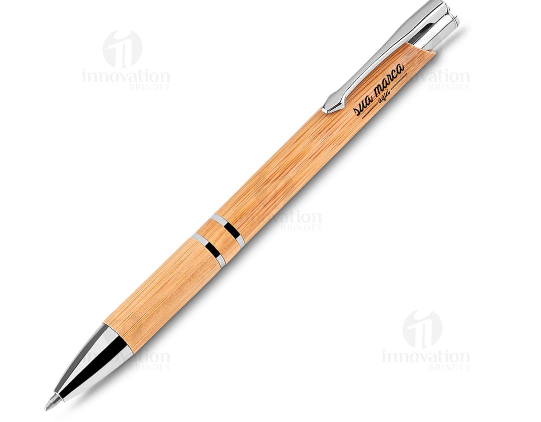 Caneta de bambu natural para escrita suave e ecológica. Ideal para uso no escritório, escola ou faculdade. Fabricada com