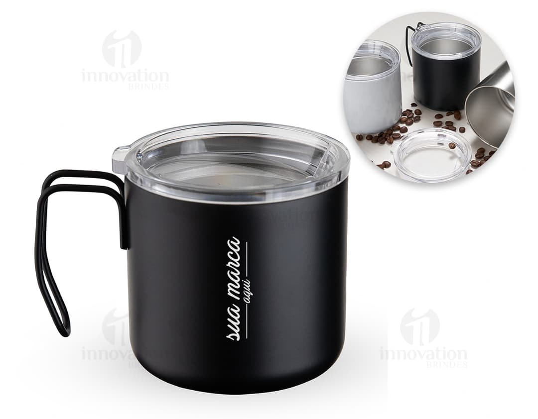 Caneca Inox 350ml - Ideal para desfrutar do seu café ou chá favorito pela manhã. Feita em material resistente e de alta