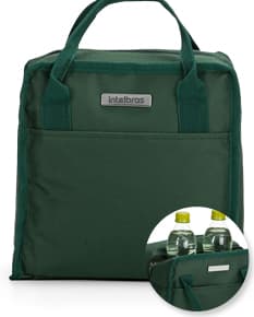 Bolsa térmica 7 litros em couro sintético com design retro. Ideal para viagens e compras, possui alça resistente e fivela