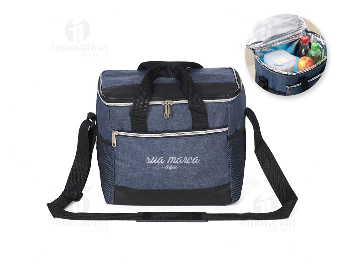 Bolsa térmica de 18 litros com bolsos telados, ideal para armazenar alimentos e bebidas em viagens ou passeios. Design