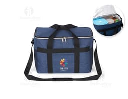 Bolsa térmica 33 litros preta de nylon moderna com design elegante e alça ajustável. Perfeita para viagens, passeios e uso