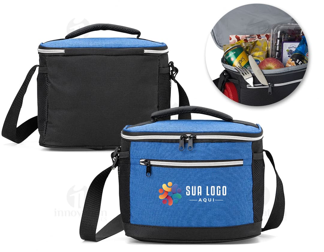 Bolsa térmica de 10 litros com bolsos, em couro na cor preta, com alça e fecho de metal. Ideal para viagens e armazenamento