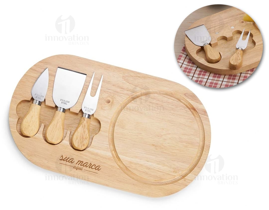 Kit de queijo 4 peças em madeira - perfeito para degustar queijos com elegância e praticidade. Este conjunto de utensílios de