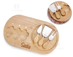 Kit queijo 4 peças de madeira para cozinha. Conjunto tradicional com faca e colher para servir alimentos. Utensílios em retro