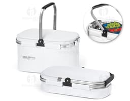 Bolsa térmica 600D removível 14L em amarelo e preto, feita de plástico e metal com alça resistente. Perfeita para armazenar e
