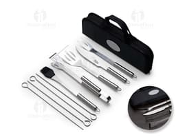 Kit Churrasco 9 Peças - Ferramentas práticas e de alta qualidade para o seu churrasco! Com estojo em couro, este conjunto