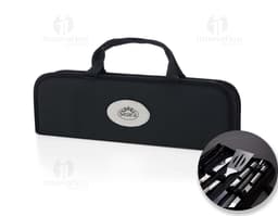 Kit churrasco 9 peças para os amantes do churrasco! Com estojo em couro, ferramentas de aço cromado e cabo de madeira, este