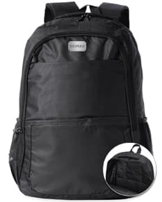 Mochila em nylon preta de 27 litros, ideal para viagens, trabalho e uso casual. Possui alça de mão, zíper, bolsos e