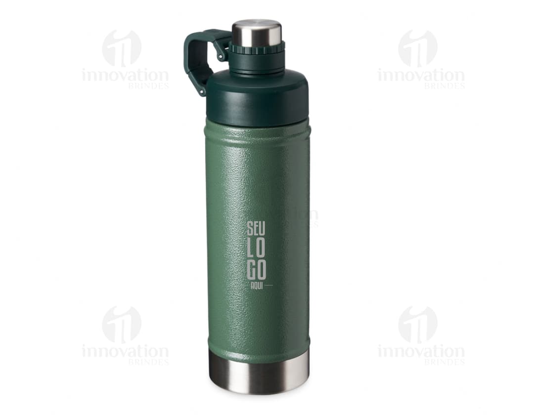Garrafa térmica 700ml em metal prateado, moderna e profissional. Apresenta design retro e clássico, com tampa de aperto e
