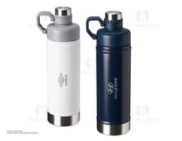 Garrafa térmica 700ml em metal prateado, moderna e profissional. Apresenta design retro e clássico, com tampa de aperto e
