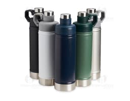 Garrafa térmica 700ml em metal prateado, moderna e profissional. Apresenta design retro e clássico, com tampa de aperto e