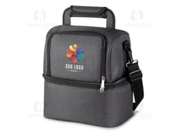Bolsa térmica com 2 compartimentos em couro preto e metal, estilo moderno e elegante. Possui alça de couro, fecho de metal e