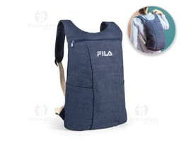 Mochila denim reciclado com alças pretas, fivela de metal, fecho de zíper, bolso lateral, design moderno e estilo fashion.