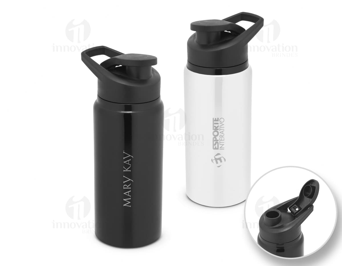 Bottle de alumínio 660ml com tampa flip, utilizado para armazenar líquidos. O objeto é de metal, de cor prata e possui um