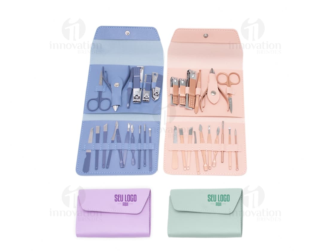 Kit manicure com 16 peças dentro de um estojo. O conjunto inclui ferramentas de metal e plástico, como alicate, tesoura