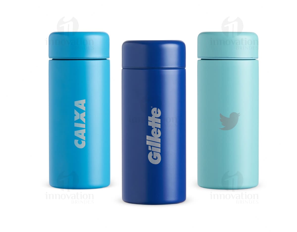 Garrafa térmica 200ml com design moderno e colorido em metal e plástico, perfeita para manter a temperatura de líquidos.