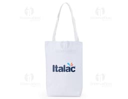 Sacola de nylon amarela vazia com alça de metal e zíper. Design moderno e elegante, ideal para compras ou presentes.