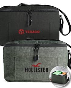 Bolsa térmica de 6 litros em couro marrom, com zíper e vários bolsos para guardar objetos pessoais. Ideal para viagens de