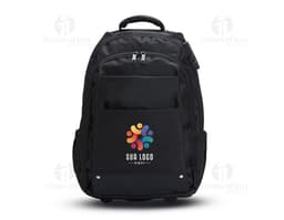 Mochila 27 Litros com Rodinhas preta de couro, equipamento moderno e elegante, com alças, zíper, fivela e rodinhas para fácil