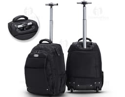 Mochila 27 Litros com Rodinhas preta de couro, equipamento moderno e elegante, com alças, zíper, fivela e rodinhas para fácil