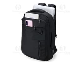 Mochila de nylon preta de 20 litros para viagem e trabalho, com alça de couro, zíper, alça de mão e design moderno e