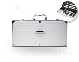 Imagem de um elegante kit churrasco 10 peças em couro legítimo, ideal para viagens e passeios gourmet. Com design retro e