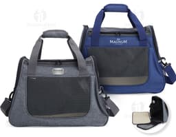 Bolsa em oxford para pets com bolso lateral, em cor marrom e fecho de zipper. Perfeita para transportar de forma segura e
