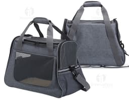 Bolsa em oxford para pets com bolso lateral, em cor marrom e fecho de zipper. Perfeita para transportar de forma segura e