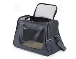 Bolsa em oxford para pets com bolso lateral, em cor marrom e fecho de zipper. Perfeita para transportar de forma segura e