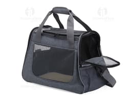 Bolsa em oxford para pets com bolso lateral, em cor marrom e fecho de zipper. Perfeita para transportar de forma segura e