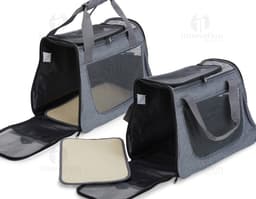 Bolsa em oxford para pets com bolso lateral, em cor marrom e fecho de zipper. Perfeita para transportar de forma segura e