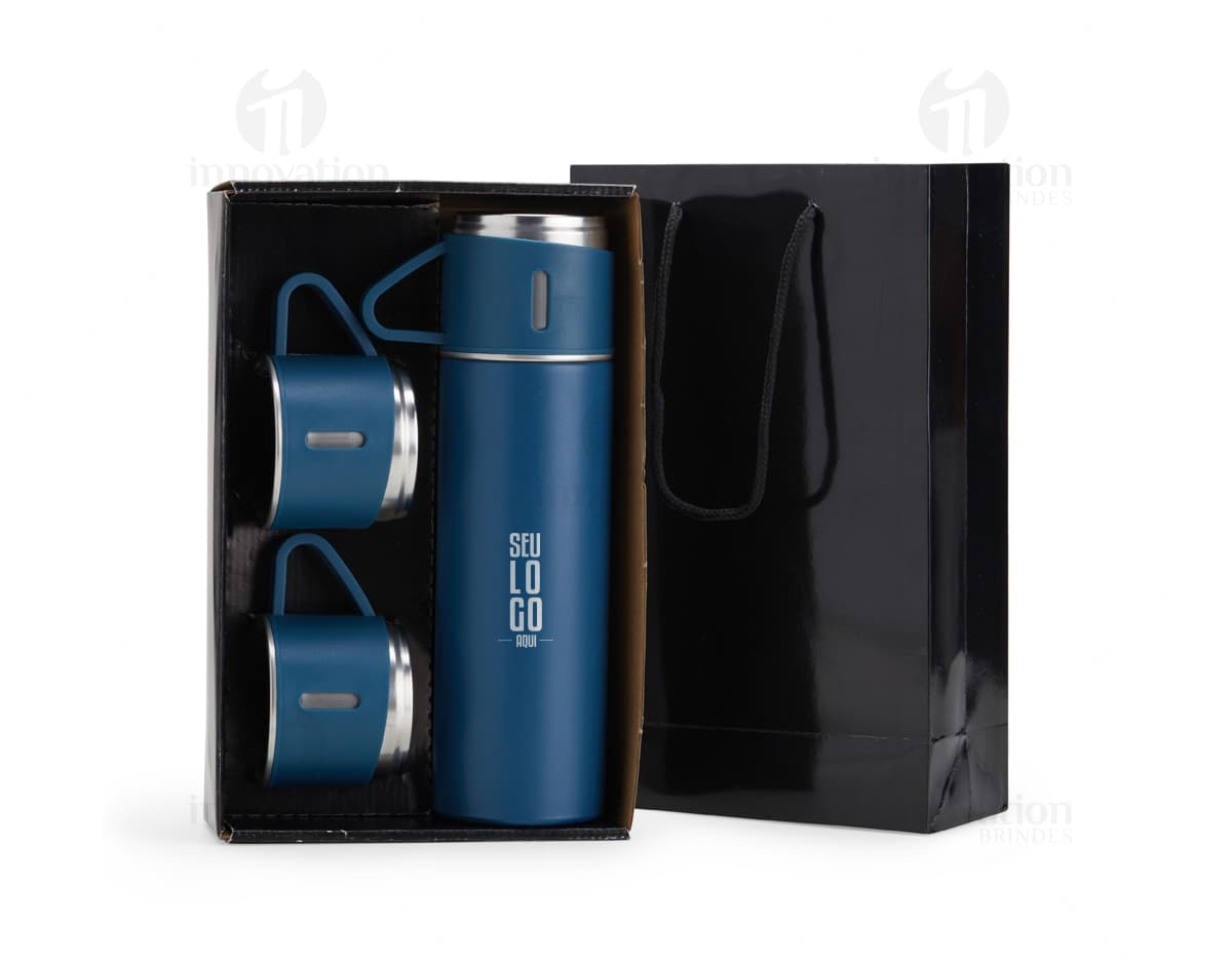 Kit garrafa térmica 450ml c/ sacola em formato 3D, moderno e prático. Garrafa térmica em metal prateado com design elegante