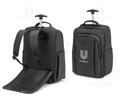 Mochila trolley de couro preto com alça de metal e zíper. Ideal para viagens de negócios e armazenamento de equipamentos